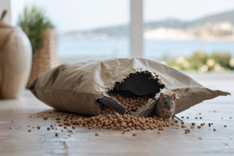 Sacs de croquettes éventrés par une souris à Sainte-Maxime